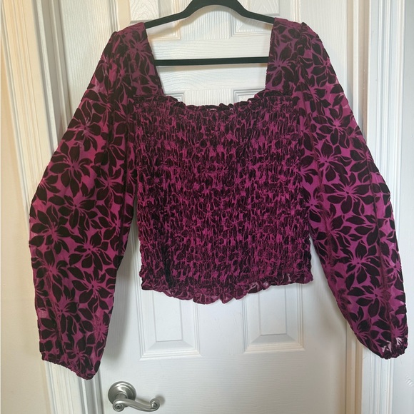 torrid Tops - Pink Purple Puff Sleeve Burn Out Velvet Smocked Crop Blouse Bustier Sexy